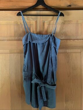 Spaghetti Strapped Tie-Front Blue Linen Shorts Romper w/side pockets